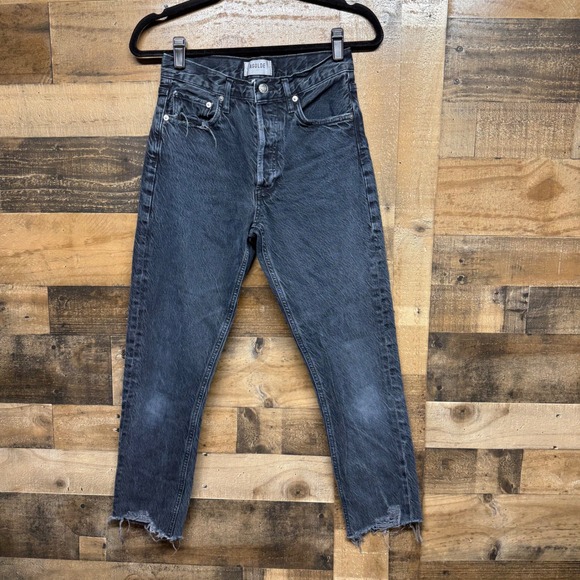 AGOLDE Denim - AGOLDE Denim High Rise Cropped Jeans Raw Hem Distressed Black Wash Size 24